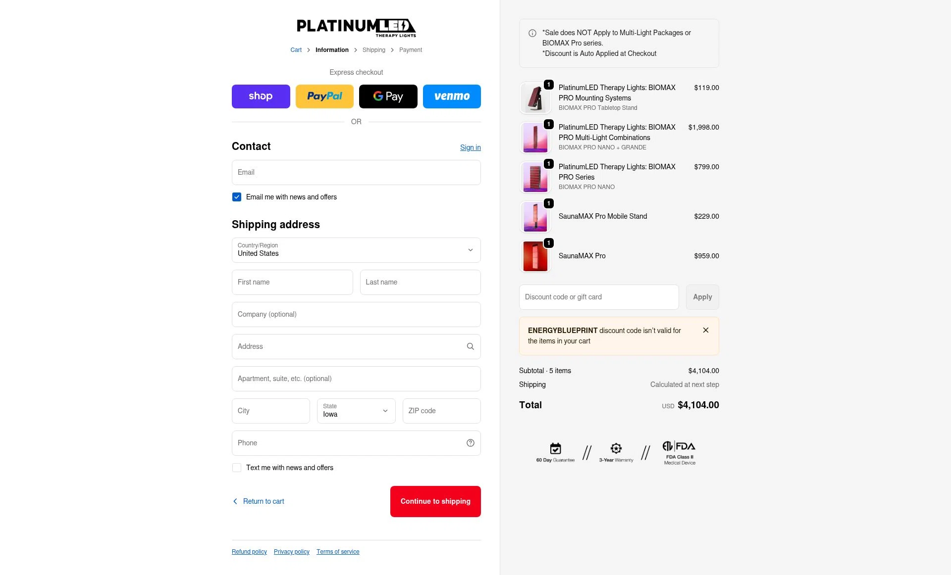 PlatinumLED Therapy Lights checkout page showing PlatinumLED Therapy Lights promo code box | Screenshot taken by SimplyCodes community member on Feb 3, 2026