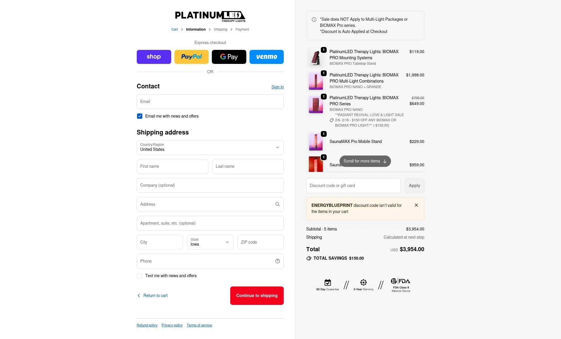 PlatinumLED Therapy Lights checkout page showing PlatinumLED Therapy Lights promo code box | Screenshot taken by SimplyCodes community member on Feb 7, 2026