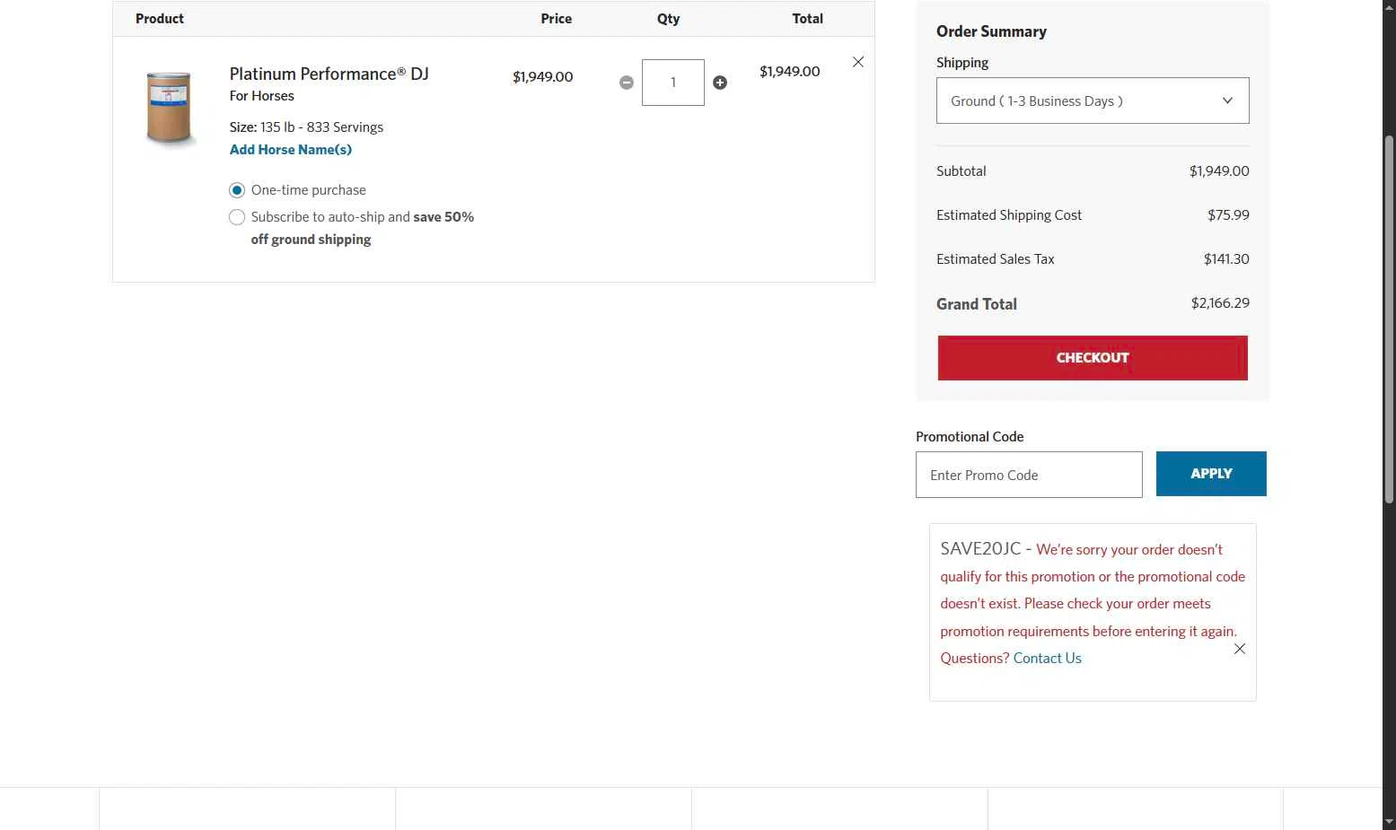 Platinum Performance checkout page showing Platinum Performance promo code box | Screenshot taken by SimplyCodes community member on Oct 10, 2025