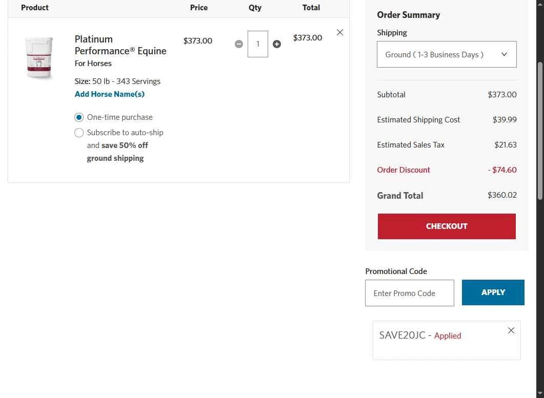 Platinum Performance checkout page showing Platinum Performance promo code box | Screenshot taken by SimplyCodes community member on Oct 12, 2025