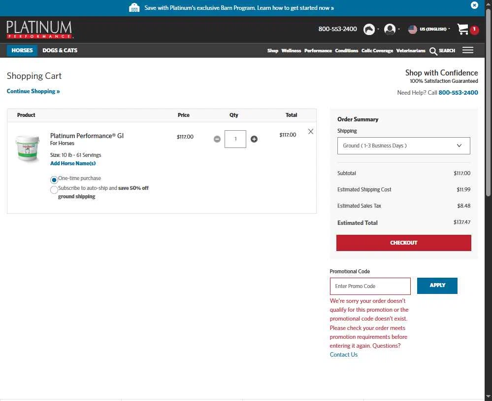 Platinum Performance checkout page showing Platinum Performance promo code box | Screenshot taken by SimplyCodes community member on Jan 18, 2026