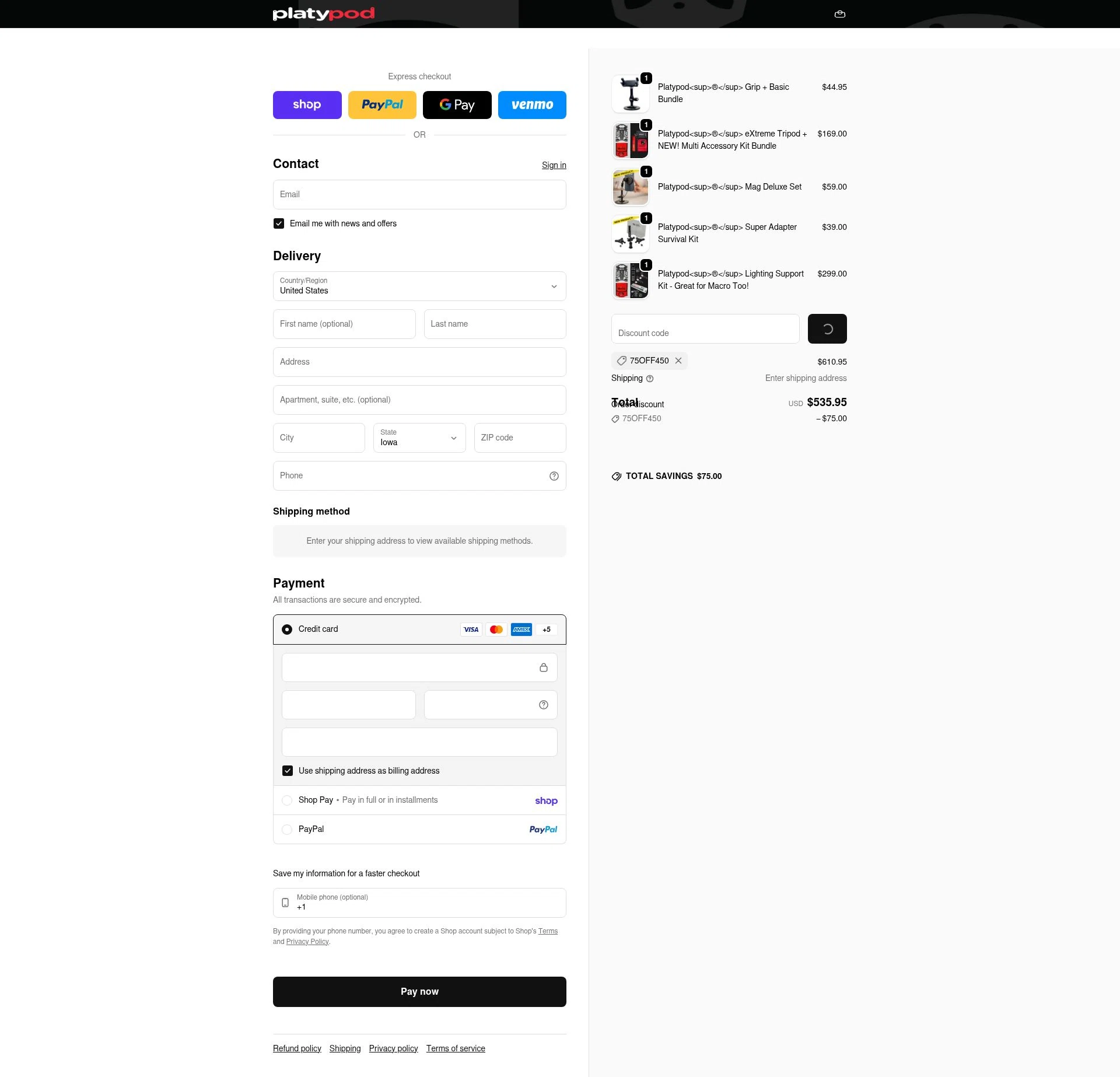 Platypod checkout page showing Platypod discount code box | Screenshot taken by SimplyCodes community member on Feb 11, 2026