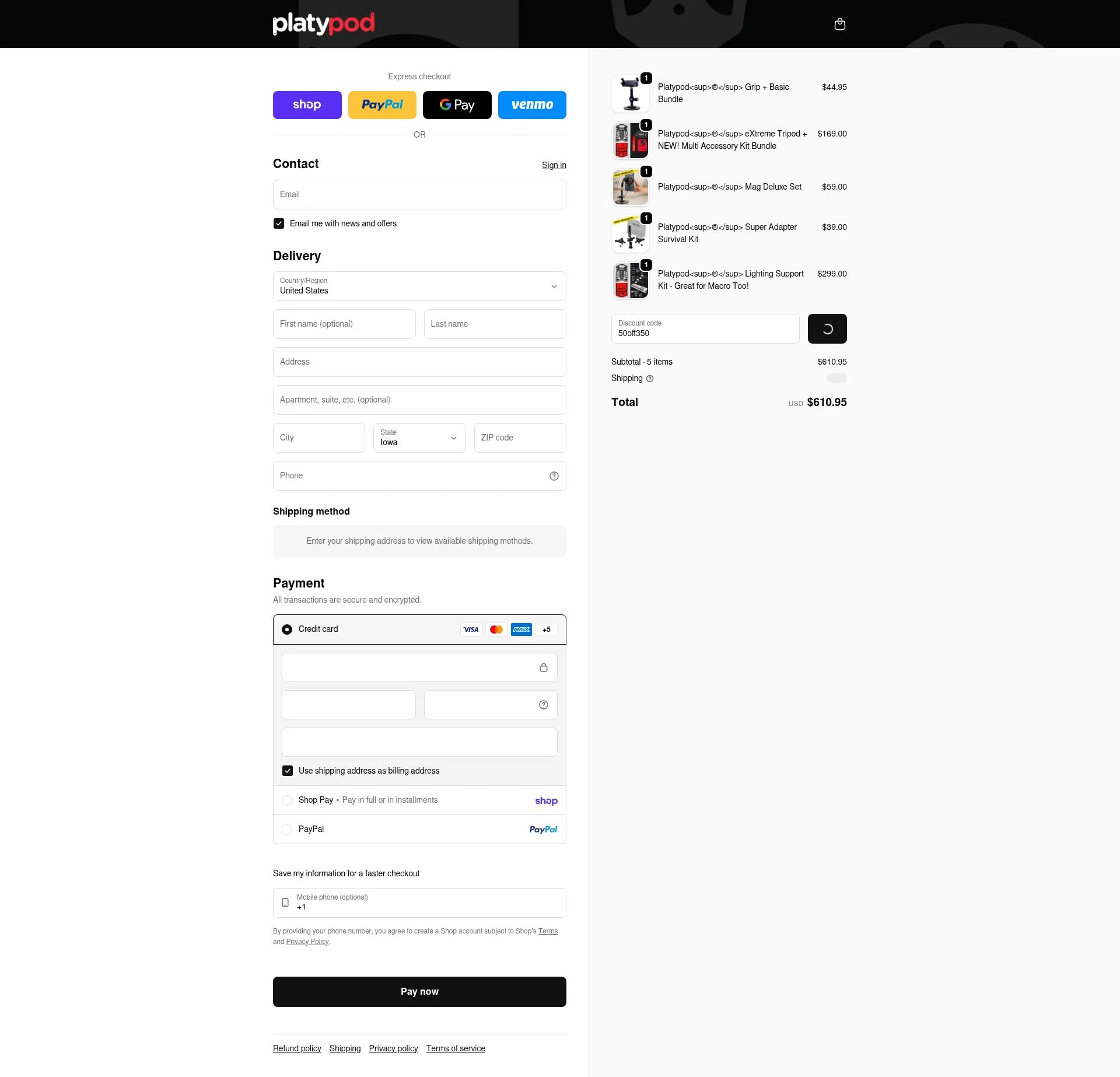 Platypod checkout page showing Platypod discount code box | Screenshot taken by SimplyCodes community member on Feb 11, 2026