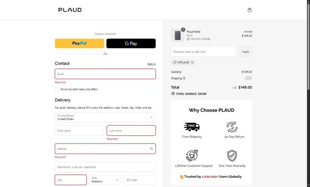 Plaud.ai  checkout page showing Plaud.ai  discount code box | Screenshot taken by SimplyCodes community member on Sep 13, 2025