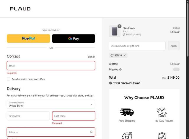 Plaud.ai  checkout page showing Plaud.ai  discount code box | Screenshot taken by SimplyCodes community member on Sep 16, 2025