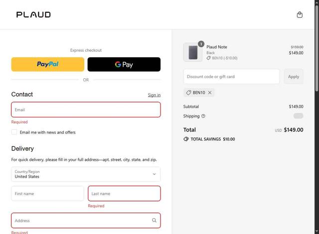 Plaud.ai  checkout page showing Plaud.ai  discount code box | Screenshot taken by SimplyCodes community member on Sep 15, 2025