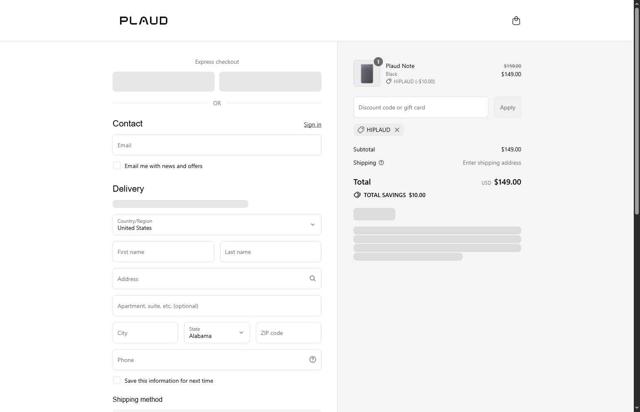 Plaud.ai  checkout page showing Plaud.ai  discount code box | Screenshot taken by SimplyCodes community member on Sep 13, 2025