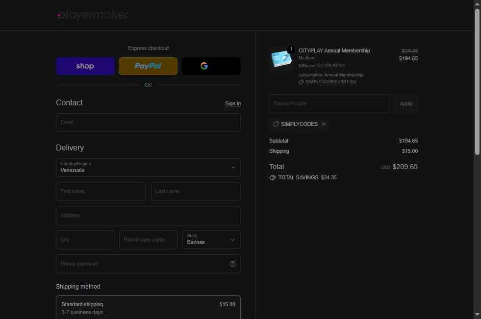 Playermaker checkout page showing Playermaker promo code box | Screenshot taken by SimplyCodes community member on Oct 13, 2025