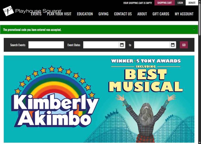 Playhouse Square checkout page showing Playhouse Square promo code box | Screenshot taken by SimplyCodes community member on Jul 23, 2025