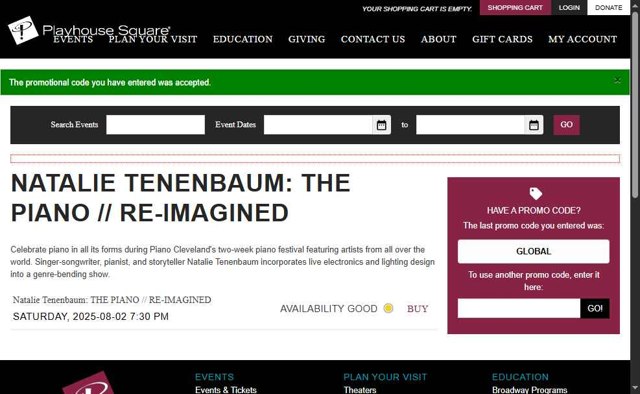 Playhouse Square checkout page showing Playhouse Square promo code box | Screenshot taken by SimplyCodes community member on Jul 27, 2025
