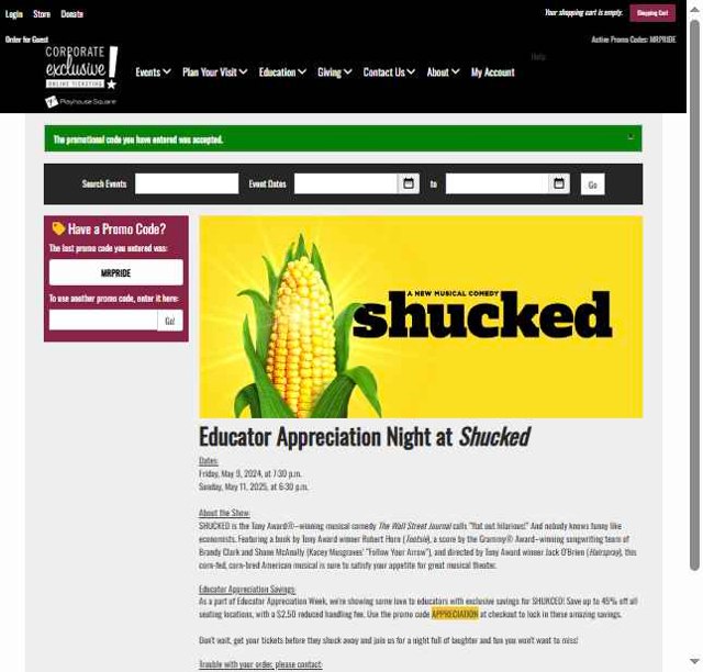 Playhouse Square checkout page showing Playhouse Square promo code box | Screenshot taken by SimplyCodes community member on May 5, 2025