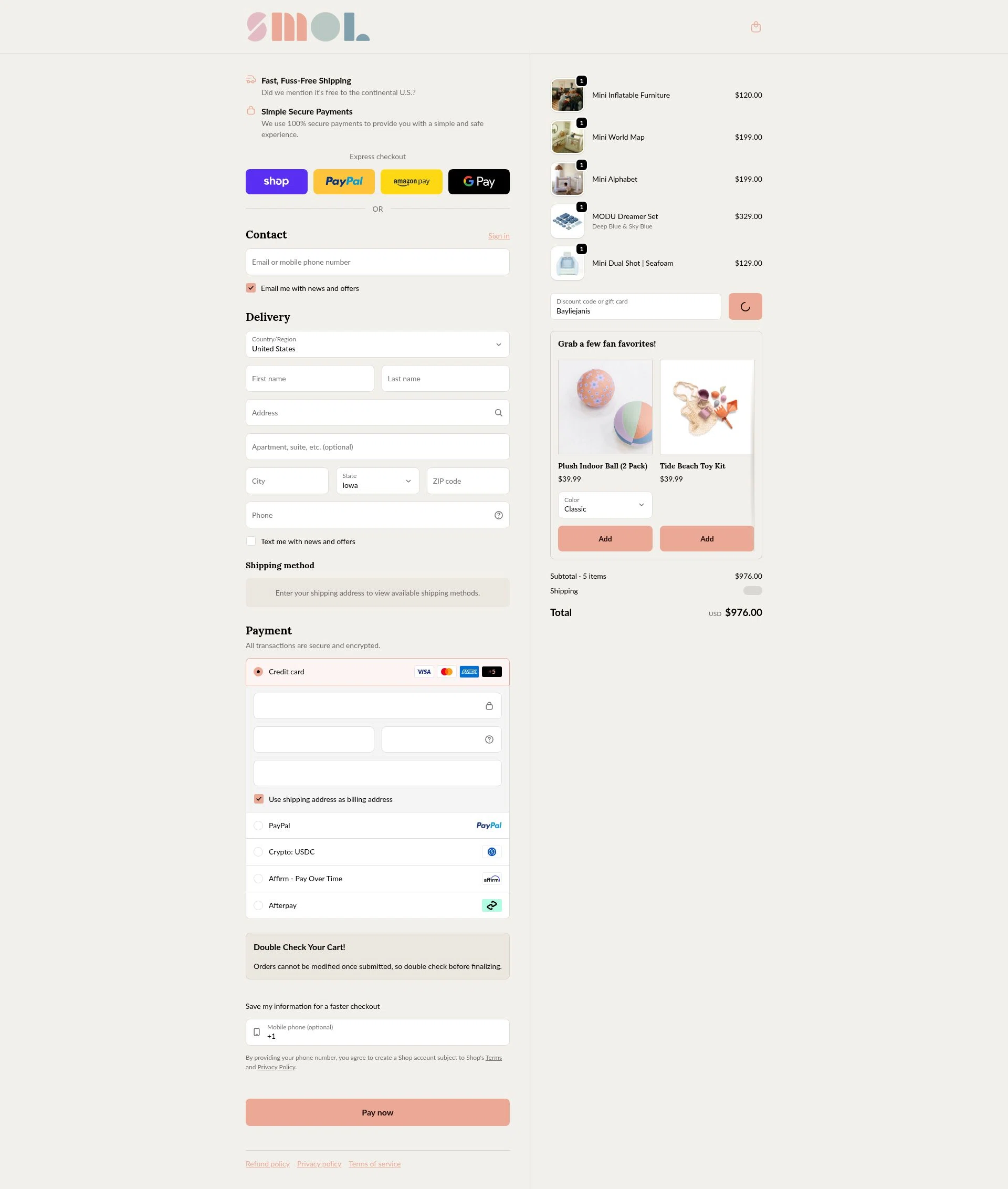 Smol US checkout page showing Smol US promo code box | Screenshot taken by SimplyCodes community member on Feb 10, 2026