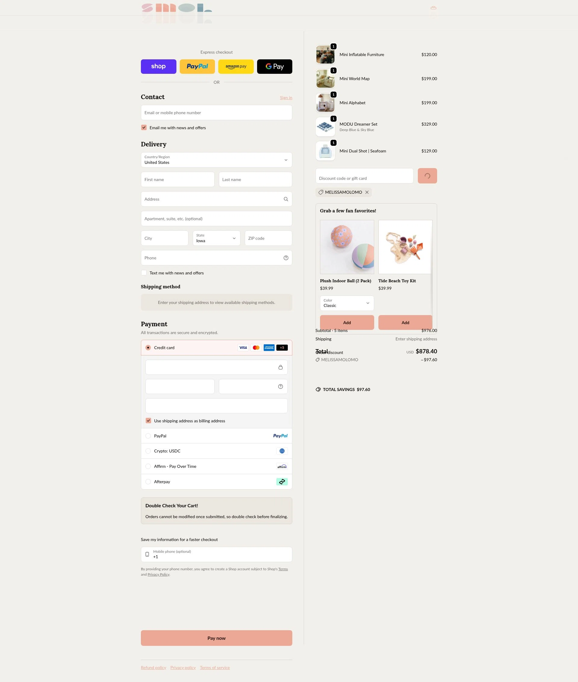 Smol US checkout page showing Smol US promo code box | Screenshot taken by SimplyCodes community member on Feb 10, 2026