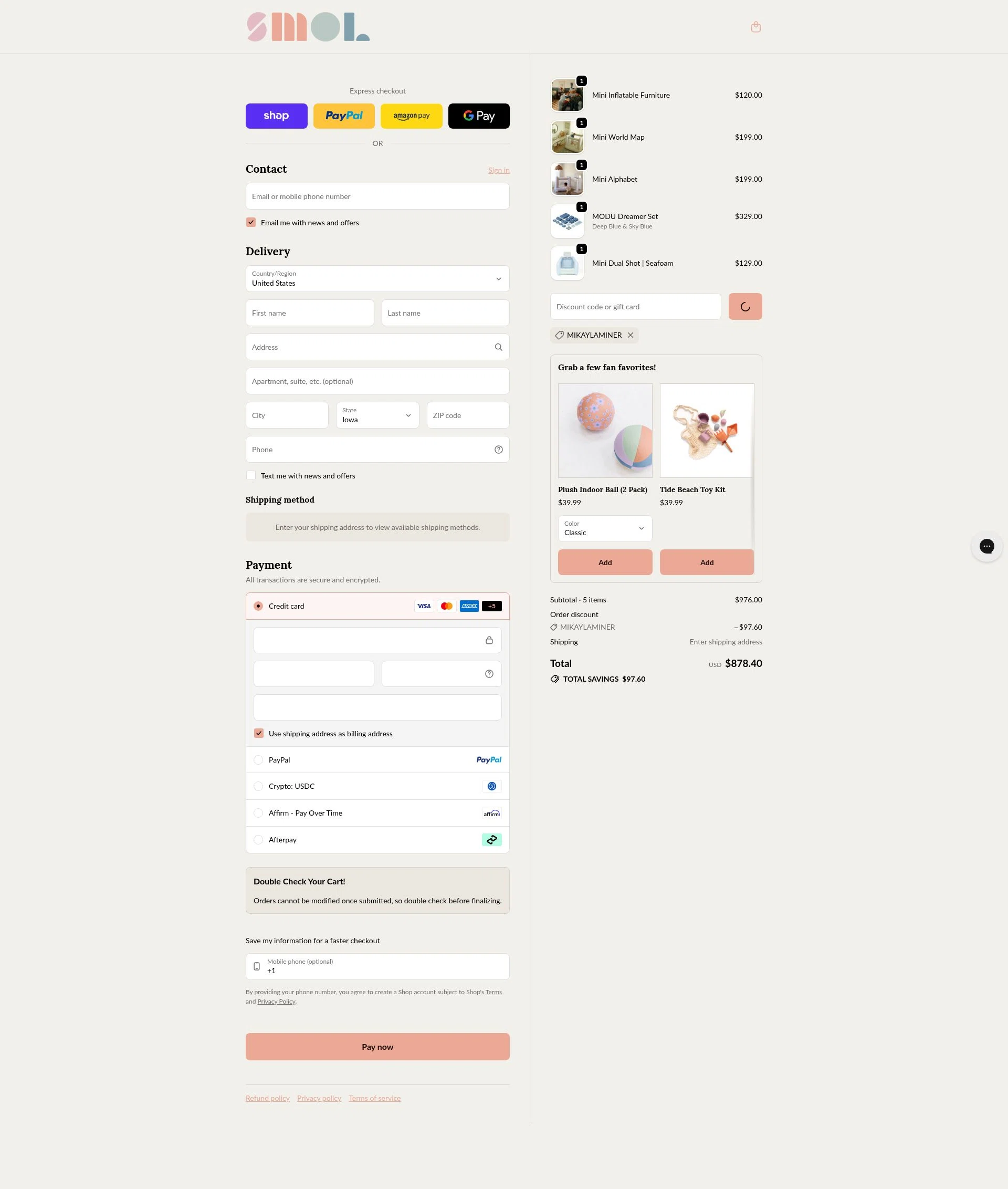 Smol US checkout page showing Smol US promo code box | Screenshot taken by SimplyCodes community member on Feb 10, 2026