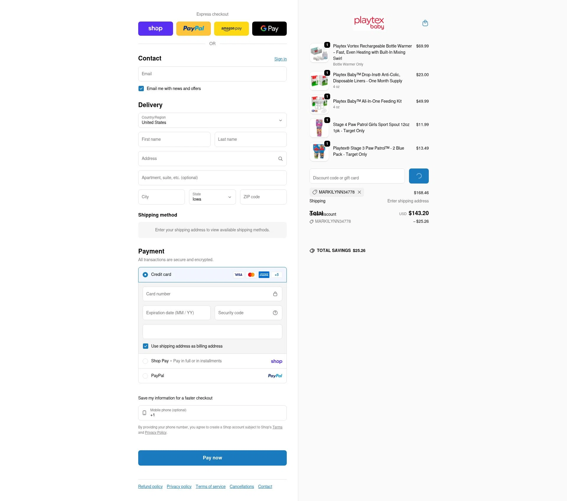 Playtex checkout page showing Playtex promo code box | Screenshot taken by SimplyCodes community member on Feb 5, 2026