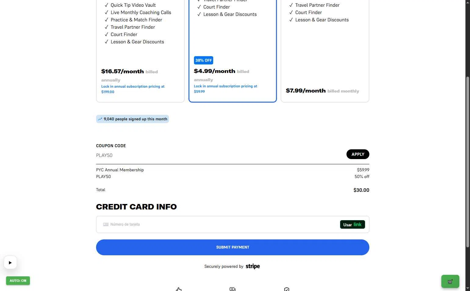 PlayYourCourt checkout page showing PlayYourCourt coupon code box | Screenshot taken by SimplyCodes community member on Jan 8, 2026