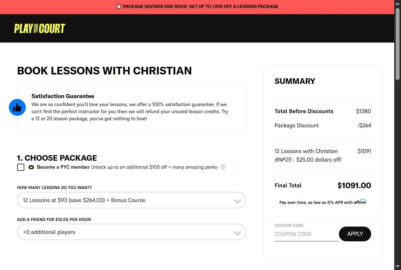 PlayYourCourt checkout page showing PlayYourCourt coupon code box | Screenshot taken by SimplyCodes community member on Jan 19, 2026