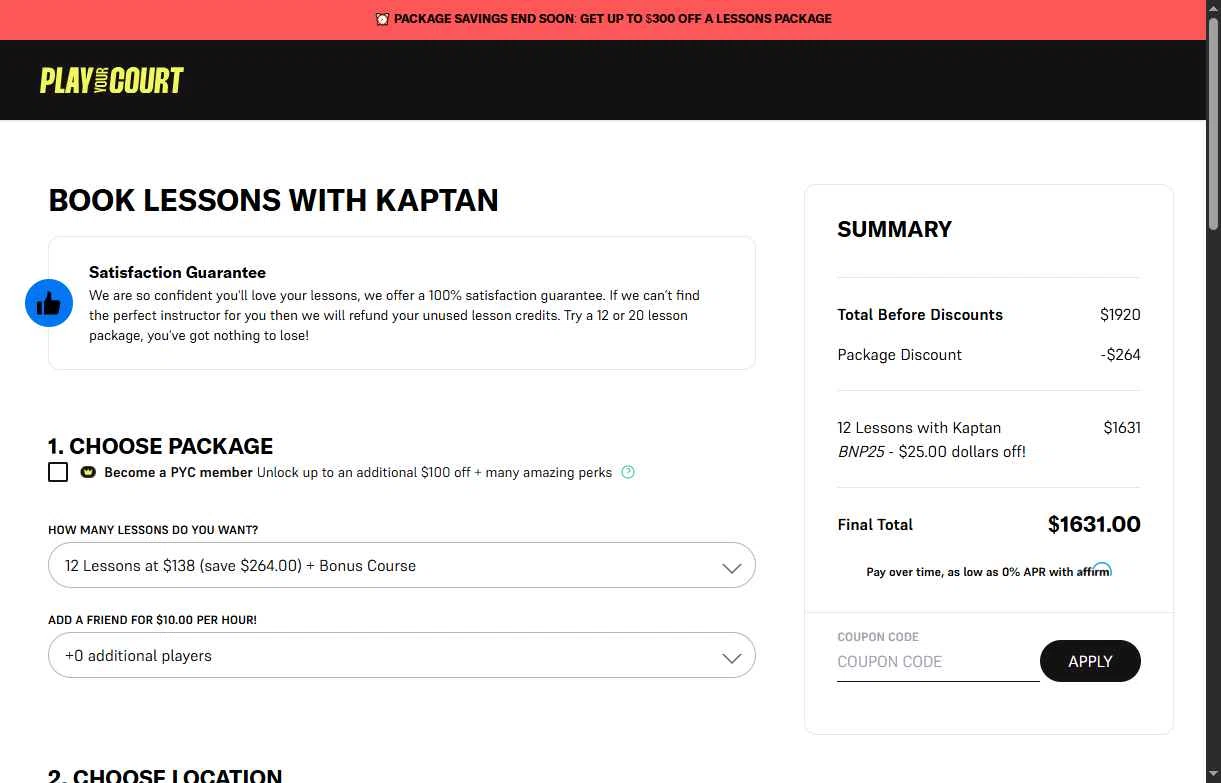 PlayYourCourt checkout page showing PlayYourCourt coupon code box | Screenshot taken by SimplyCodes community member on Jan 7, 2026