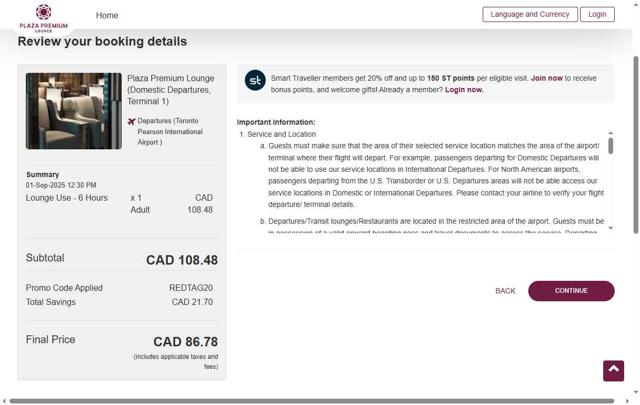Plaza Premium Lounge checkout page showing Plaza Premium Lounge promo code box | Screenshot taken by SimplyCodes community member on Sep 1, 2025