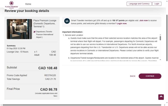 Plaza Premium Lounge checkout page showing Plaza Premium Lounge promo code box | Screenshot taken by SimplyCodes community member on Sep 1, 2025
