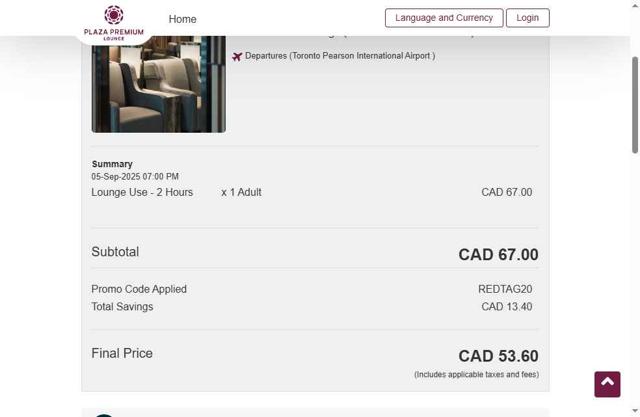 Plaza Premium Lounge checkout page showing Plaza Premium Lounge promo code box | Screenshot taken by SimplyCodes community member on Sep 5, 2025