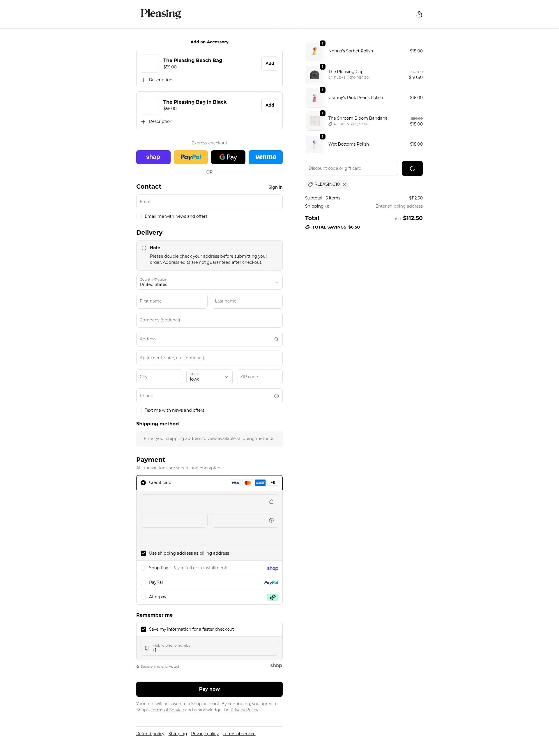 Pleasing checkout page showing Pleasing discount code box | Screenshot taken by SimplyCodes community member on Jan 22, 2026