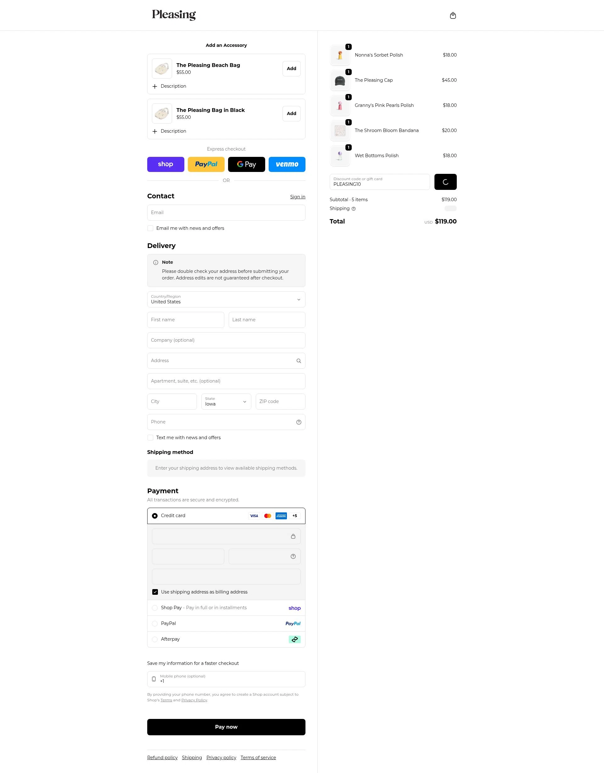 Pleasing checkout page showing Pleasing discount code box | Screenshot taken by SimplyCodes community member on Feb 4, 2026