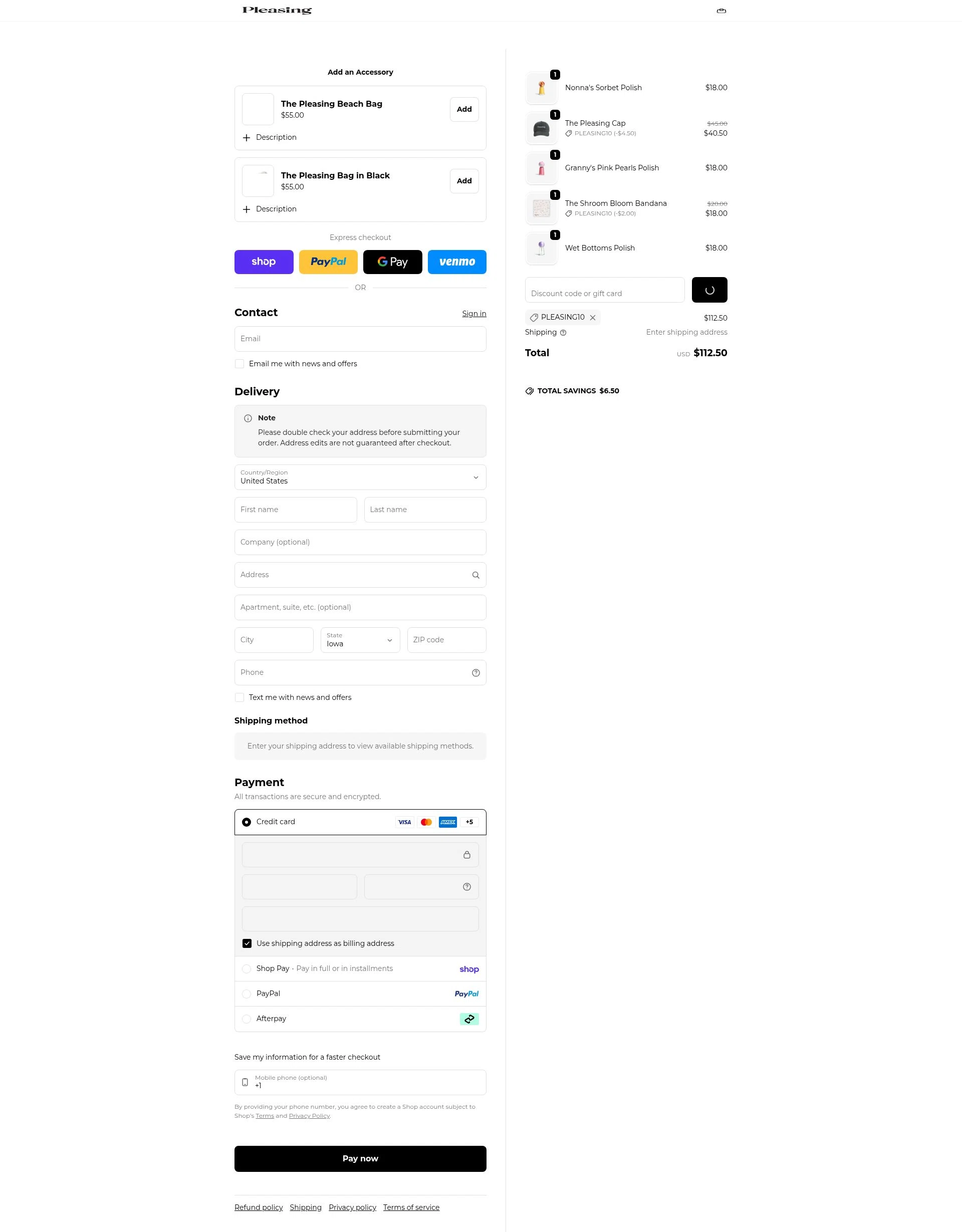 Pleasing checkout page showing Pleasing discount code box | Screenshot taken by SimplyCodes community member on Jan 31, 2026
