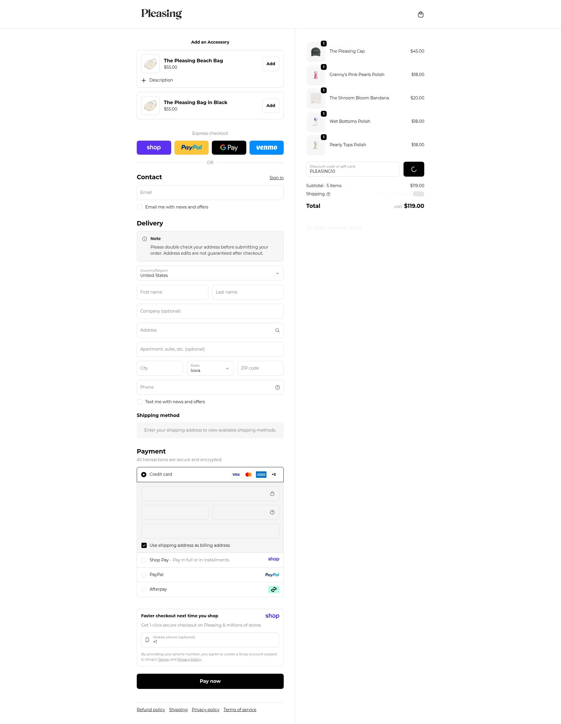 Pleasing checkout page showing Pleasing discount code box | Screenshot taken by SimplyCodes community member on Jan 17, 2026