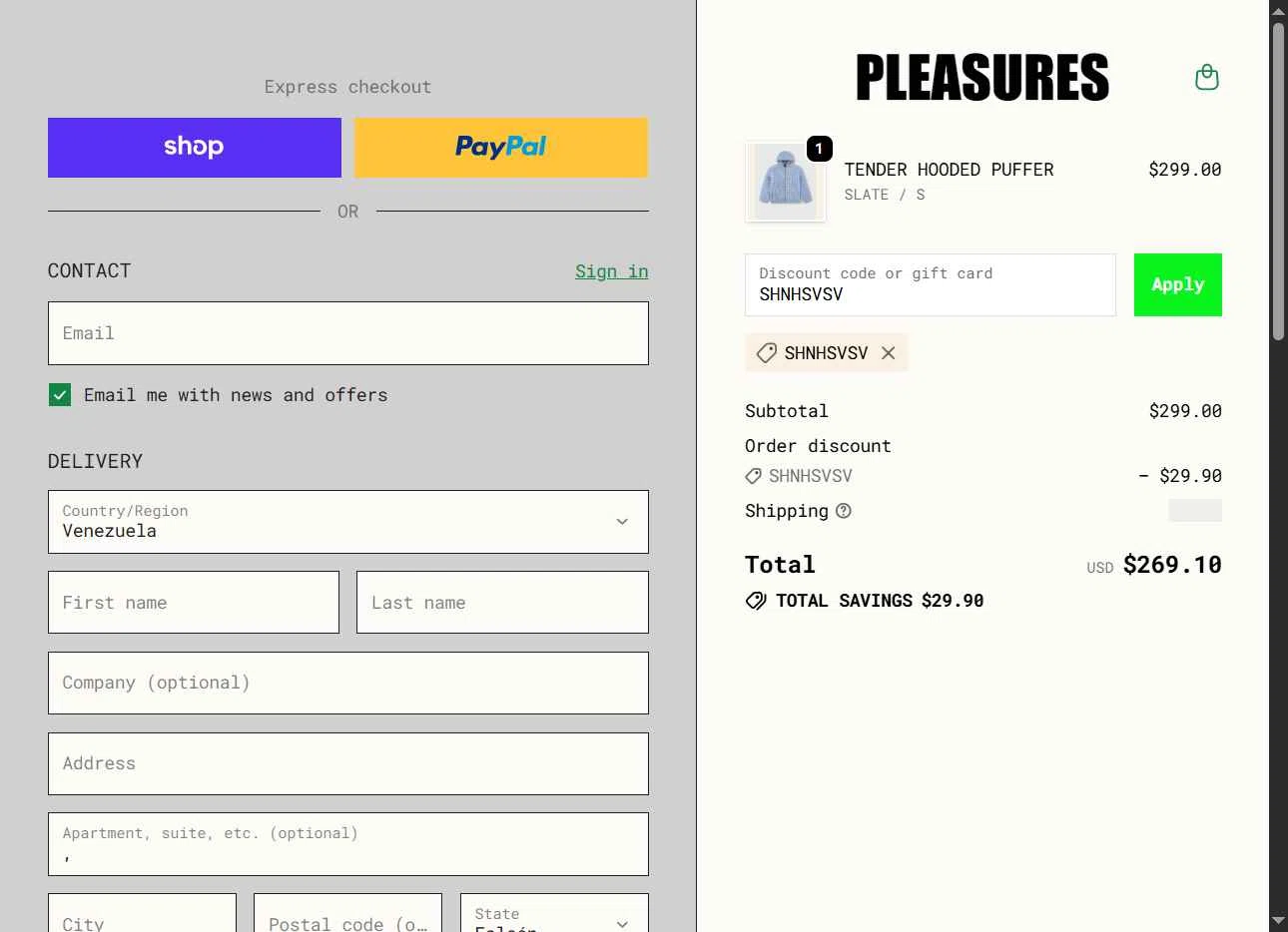 Pleasures checkout page showing Pleasures discount code box | Screenshot taken by SimplyCodes community member on Oct 20, 2025
