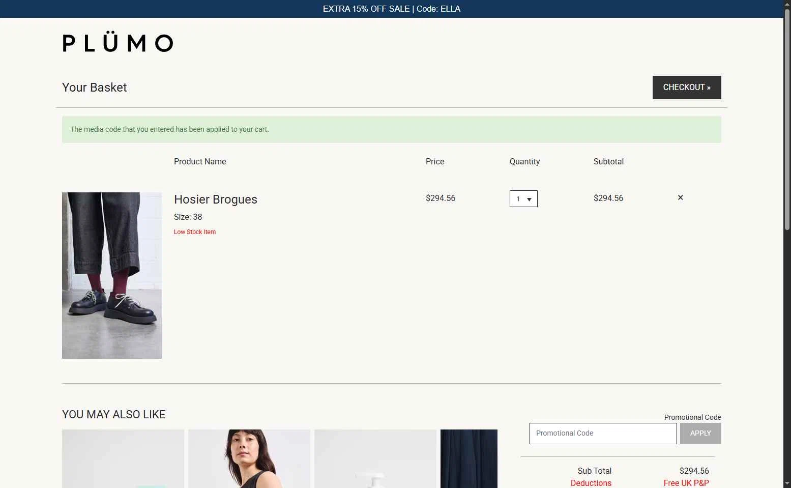Plümo checkout page showing Plümo promo code box | Screenshot taken by SimplyCodes community member on Jan 31, 2026