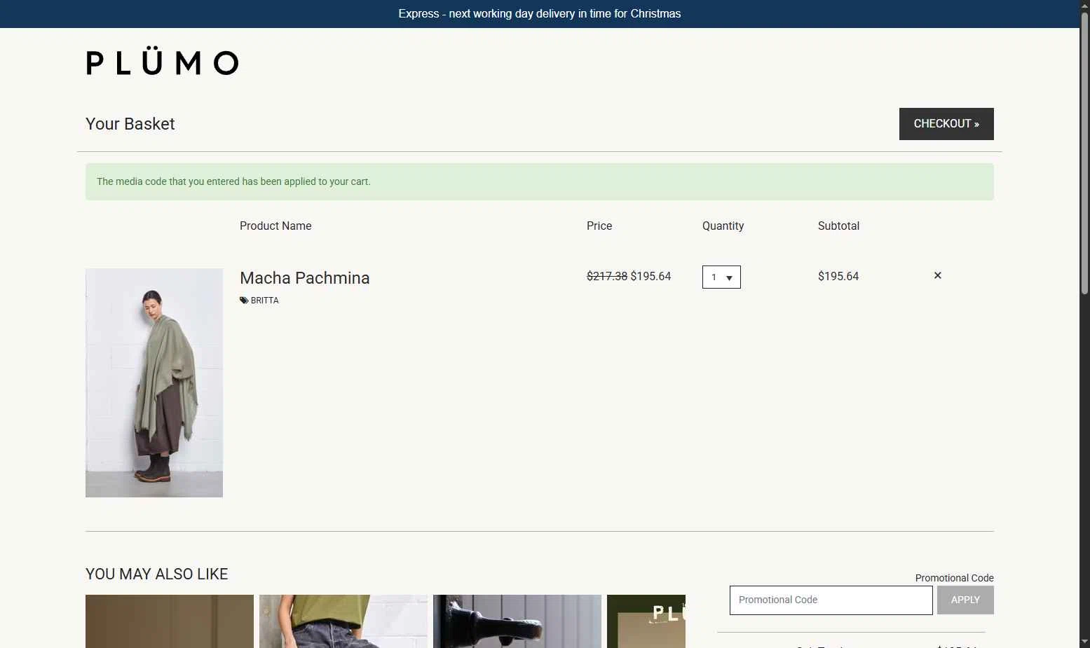 Plümo checkout page showing Plümo promo code box | Screenshot taken by SimplyCodes community member on Dec 20, 2025