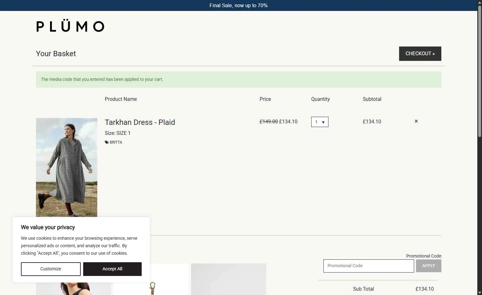 Plümo checkout page showing Plümo promo code box | Screenshot taken by SimplyCodes community member on Jan 18, 2026