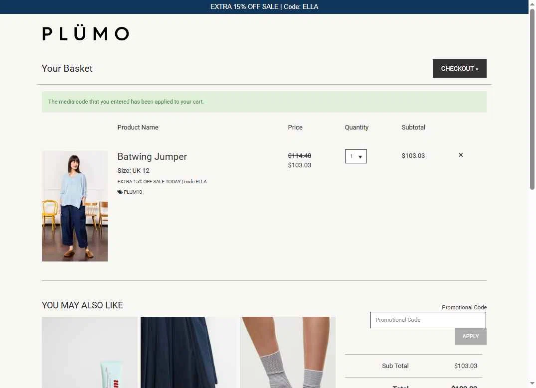 Plümo checkout page showing Plümo promo code box | Screenshot taken by SimplyCodes community member on Feb 8, 2026