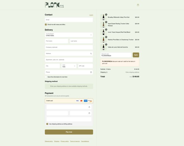 Plonk Wine Club checkout page showing Plonk Wine Club promo code box | Screenshot taken by SimplyCodes community member on Sep 3, 2025