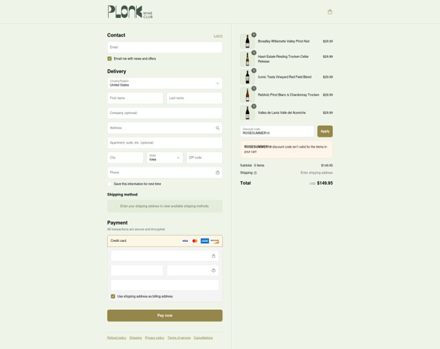 Plonk Wine Club checkout page showing Plonk Wine Club promo code box | Screenshot taken by SimplyCodes community member on Sep 3, 2025