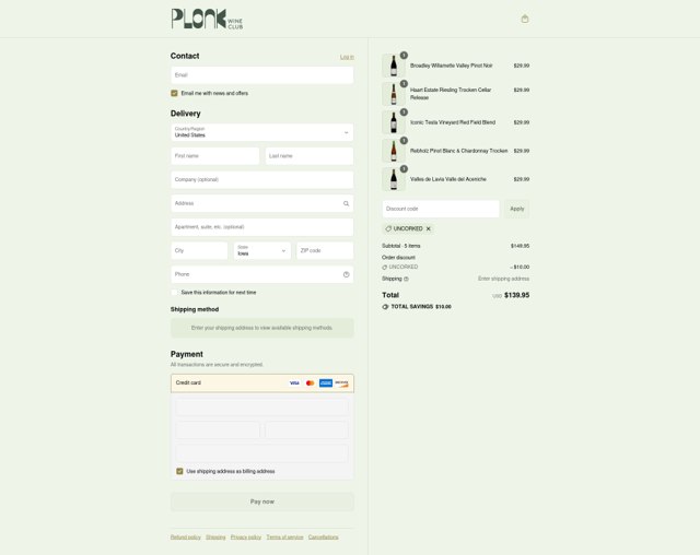 Plonk Wine Club checkout page showing Plonk Wine Club promo code box | Screenshot taken by SimplyCodes community member on Sep 3, 2025