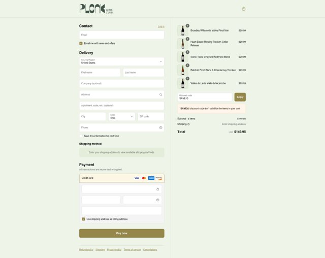Plonk Wine Club checkout page showing Plonk Wine Club promo code box | Screenshot taken by SimplyCodes community member on Sep 3, 2025
