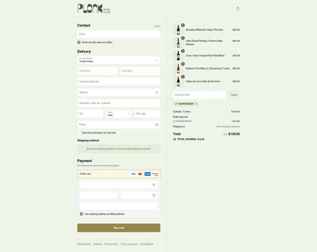 Plonk Wine Club checkout page showing Plonk Wine Club promo code box | Screenshot taken by SimplyCodes community member on Sep 3, 2025