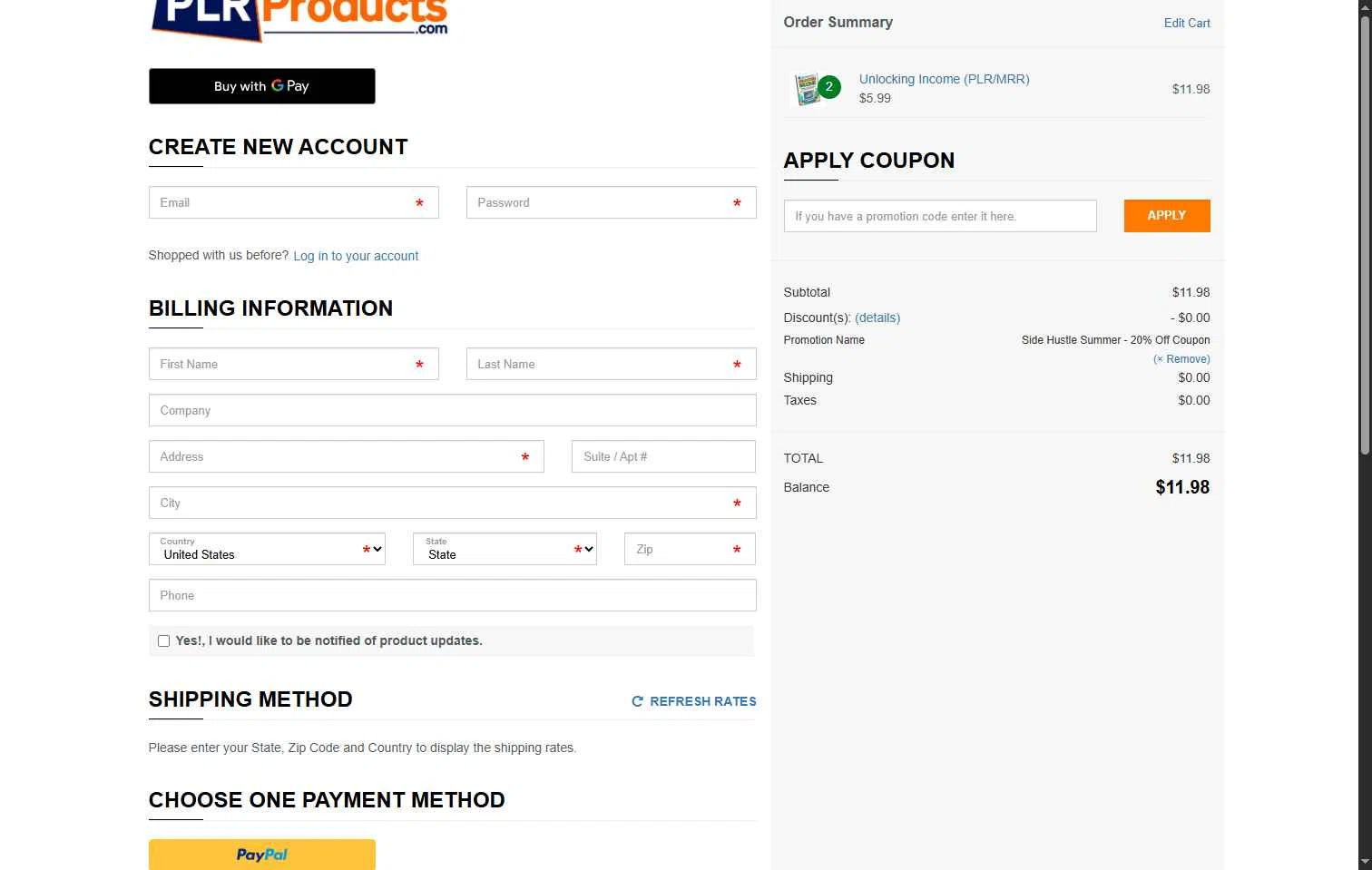 PLR Products checkout page showing PLR Products promo code box | Screenshot taken by SimplyCodes community member on Sep 13, 2025