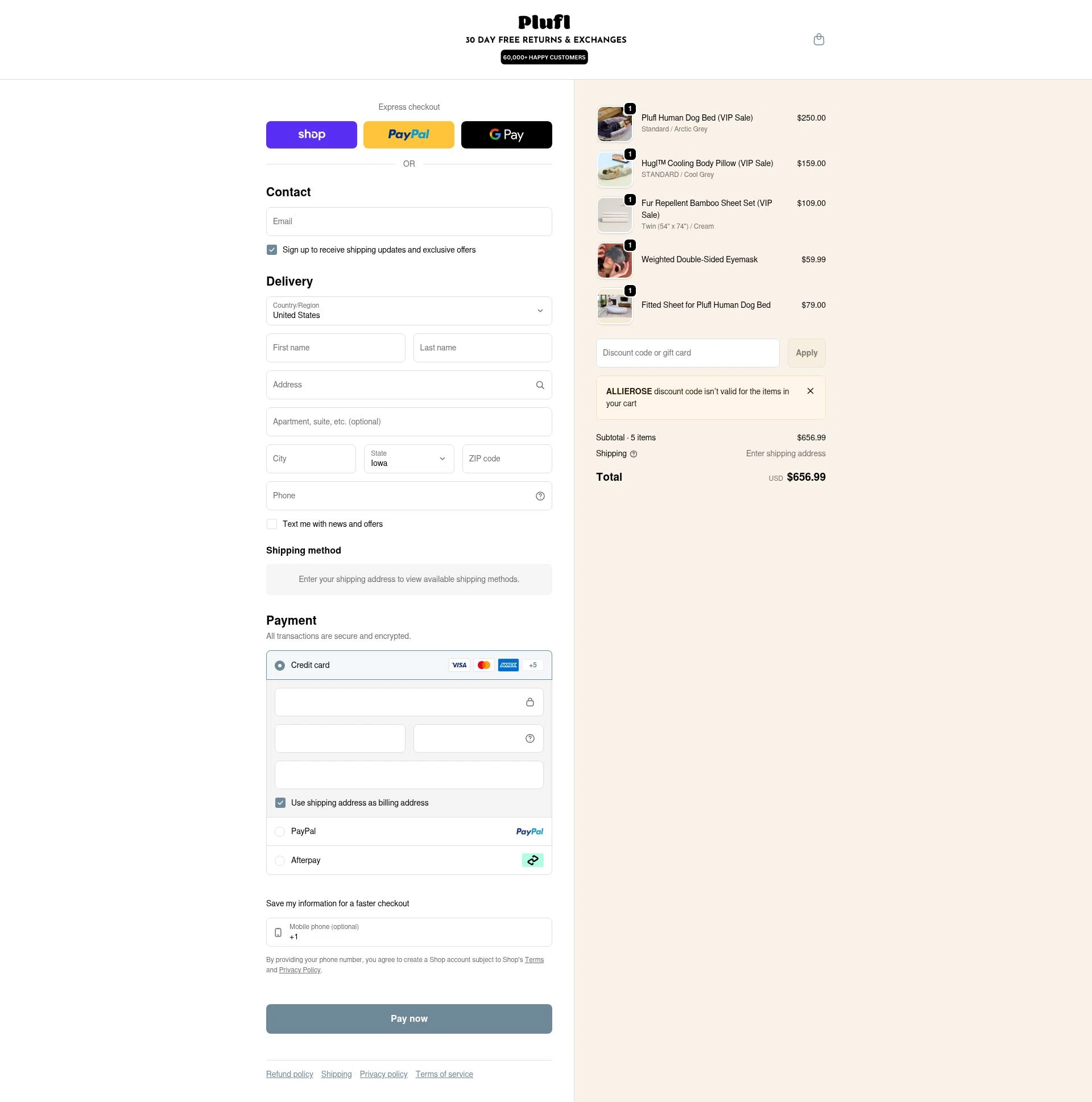 Plufl checkout page showing Plufl discount code box | Screenshot taken by SimplyCodes community member on Feb 2, 2026