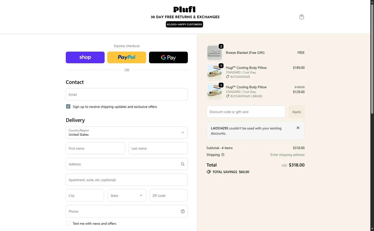 Plufl checkout page showing Plufl discount code box | Screenshot taken by SimplyCodes community member on Feb 7, 2026