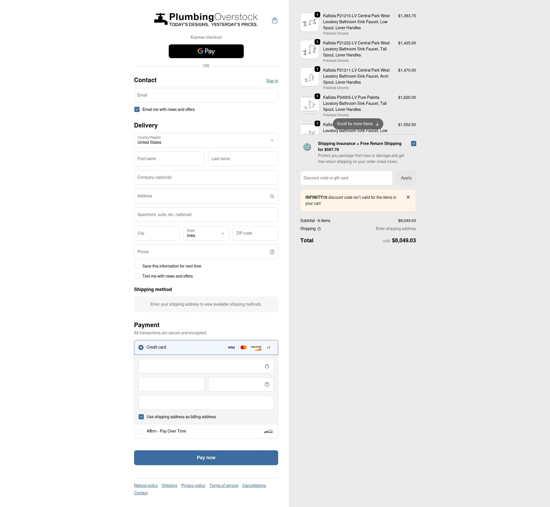 Plumbing Overstock checkout page showing Plumbing Overstock discount code box | Screenshot taken by SimplyCodes community member on Feb 4, 2026