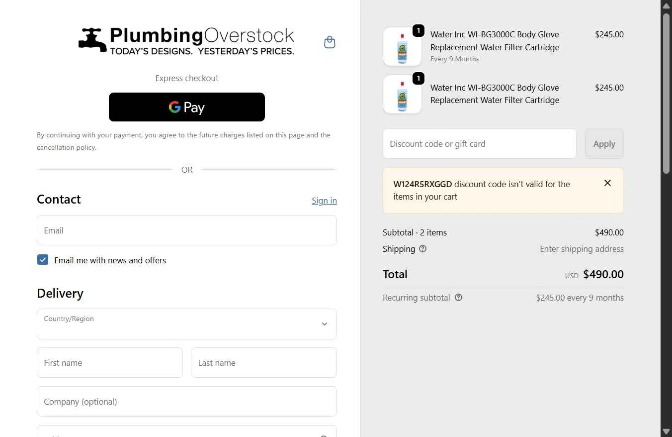 Plumbing Overstock checkout page showing Plumbing Overstock discount code box | Screenshot taken by SimplyCodes community member on Feb 4, 2026
