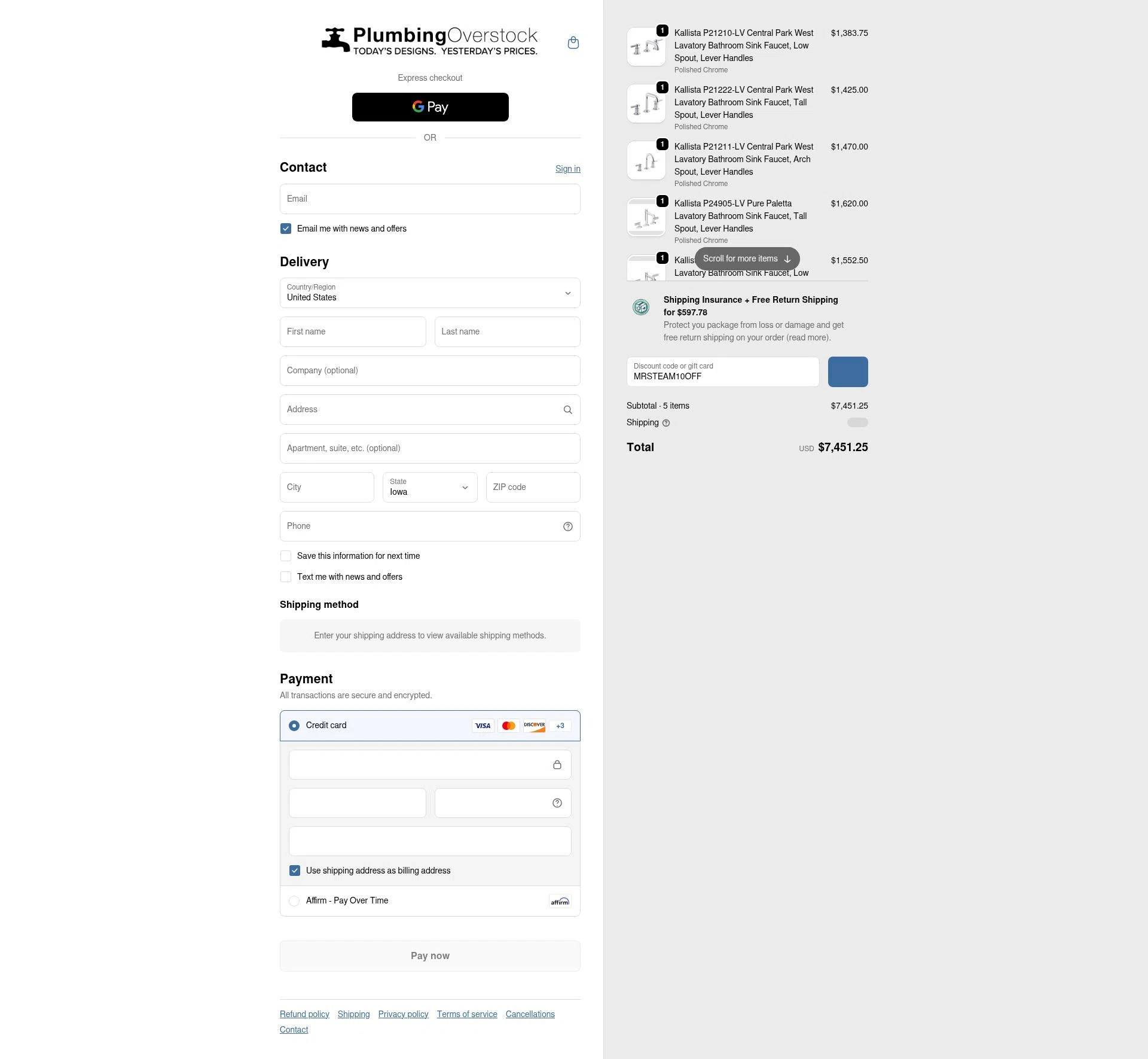 Plumbing Overstock checkout page showing Plumbing Overstock discount code box | Screenshot taken by SimplyCodes community member on Feb 4, 2026
