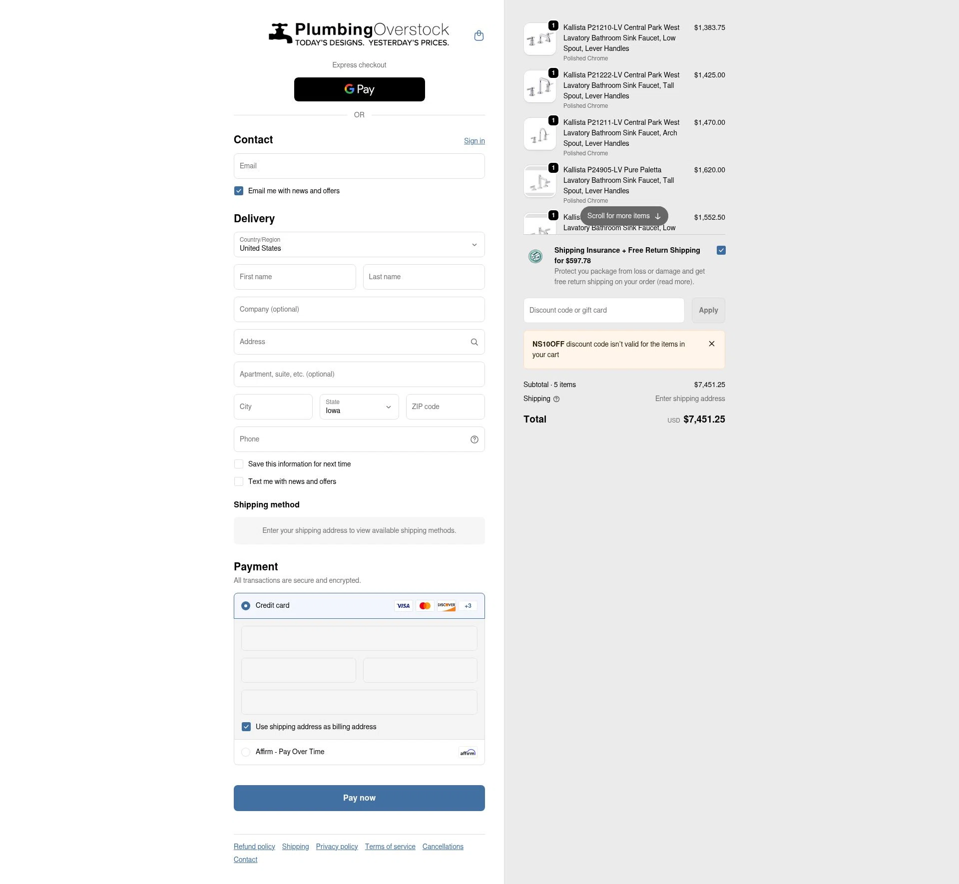 Plumbing Overstock checkout page showing Plumbing Overstock discount code box | Screenshot taken by SimplyCodes community member on Feb 4, 2026