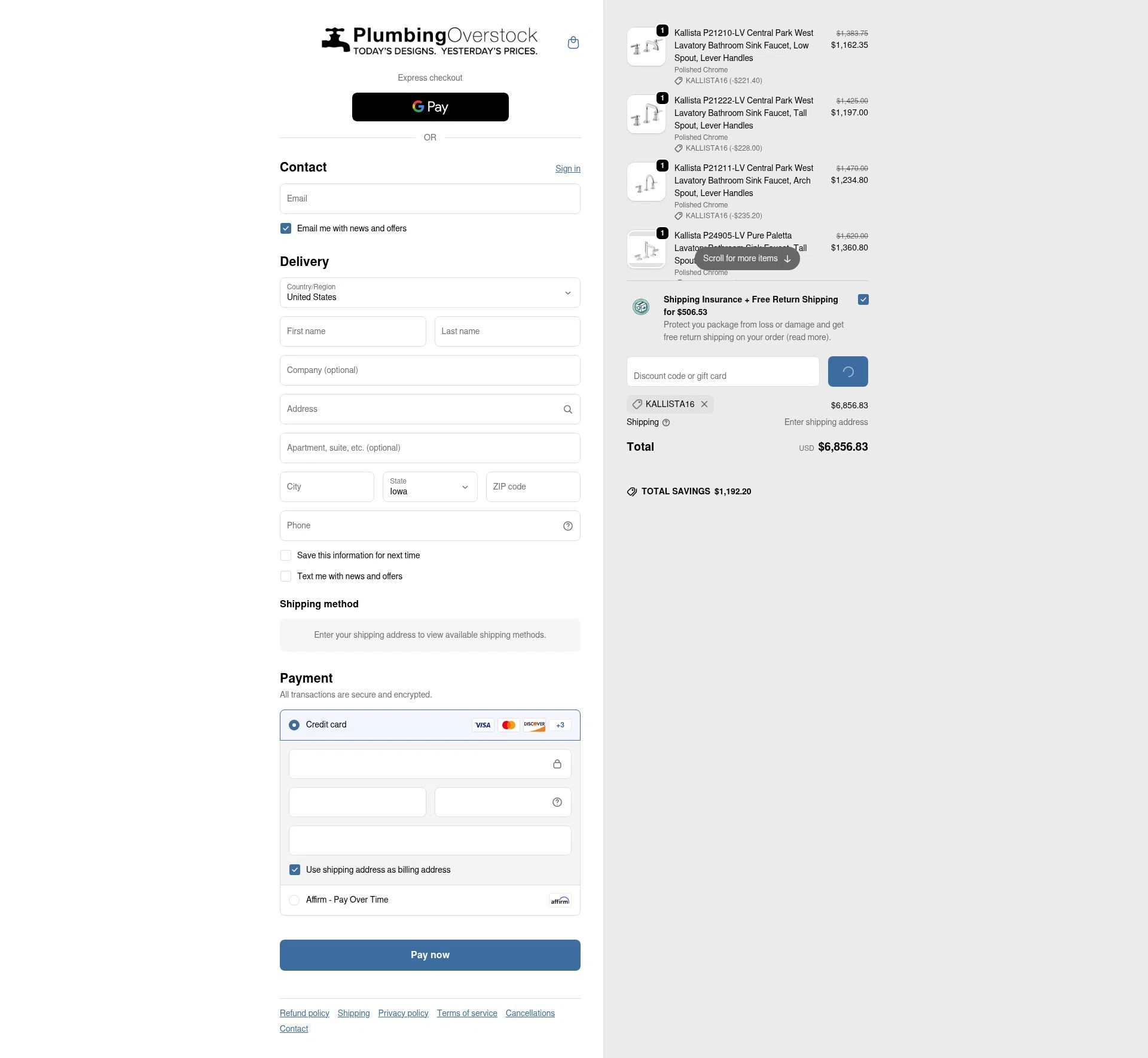 Plumbing Overstock checkout page showing Plumbing Overstock discount code box | Screenshot taken by SimplyCodes community member on Feb 4, 2026