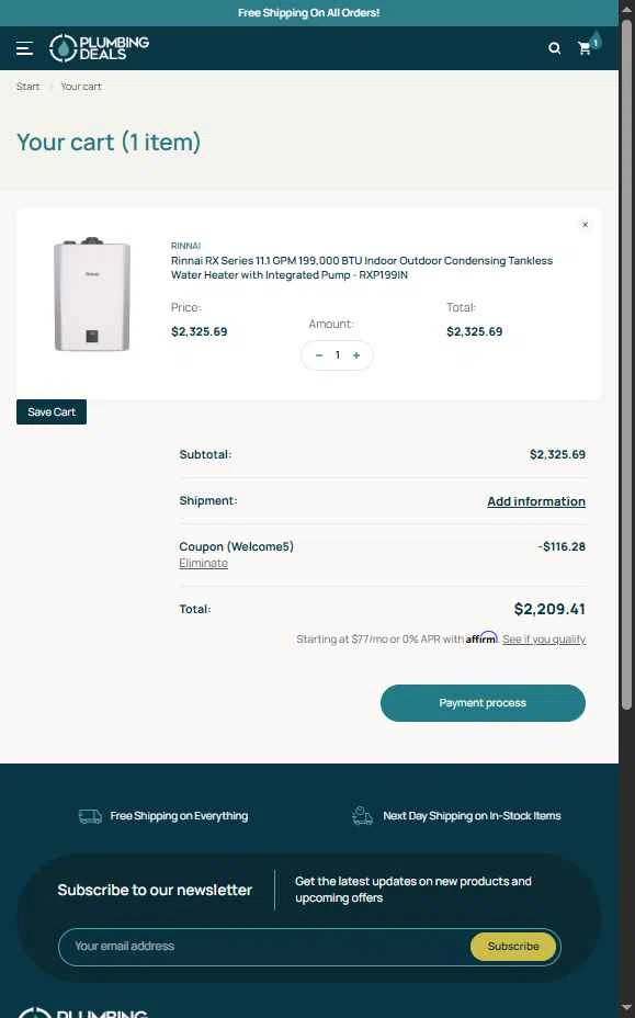 Plumbings-Deals checkout page showing Plumbings-Deals promo code box | Screenshot taken by SimplyCodes community member on Sep 16, 2025