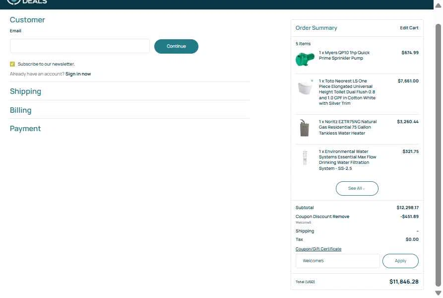Plumbings-Deals checkout page showing Plumbings-Deals promo code box | Screenshot taken by SimplyCodes community member on Aug 18, 2025