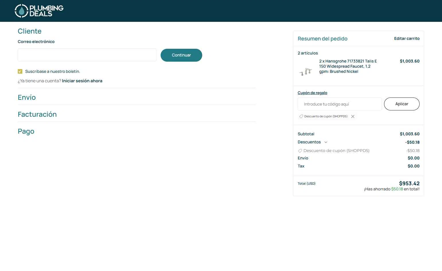 Plumbings-Deals checkout page showing Plumbings-Deals promo code box | Screenshot taken by SimplyCodes community member on Jan 8, 2026